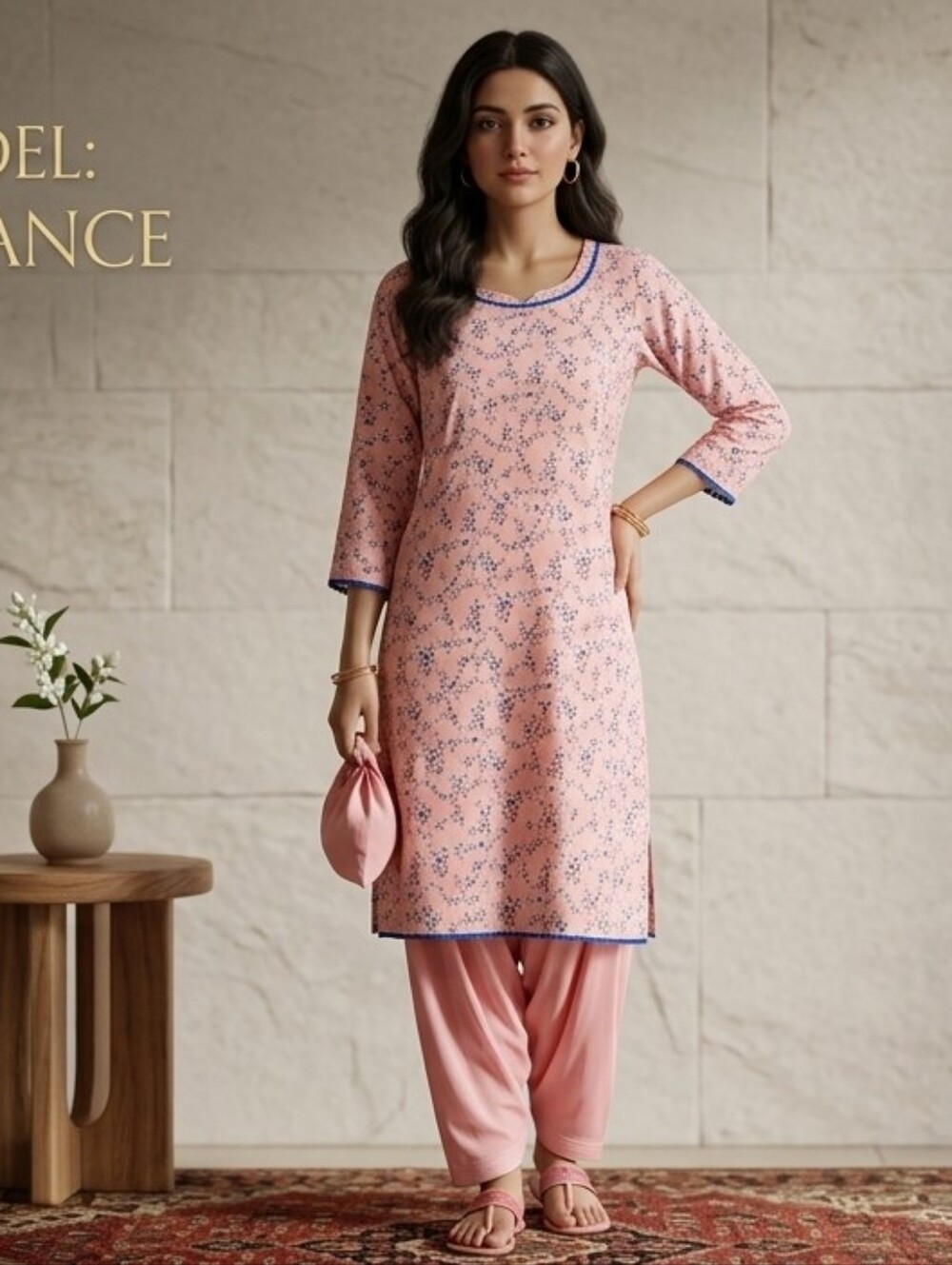 Pink Floral Kurta with Contrast Trim With Punjabi Salwar